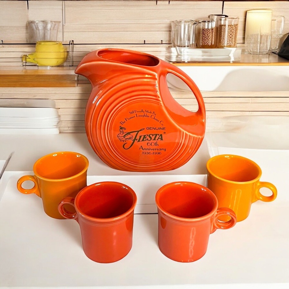 Vintage HLC FIESTA 60th Anniversary Persimmon Pitcher & Mugs Retired Tangerine
